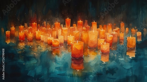 Watercolor painting of a peaceful protest, with a sea of candles lighting up faces of hope and determination