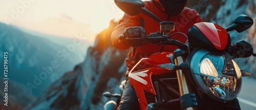 Motorcycle. Close-up. Professional motorbike rider, riding with high speed on the way road. Generative AI. Sport. Concept of motosport, speed, hobby, journey, activity. Man in full moto equipment 