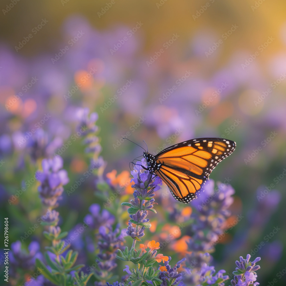 Fototapeta premium Monarch Butterfly Perched on Wildflowers at Sunset