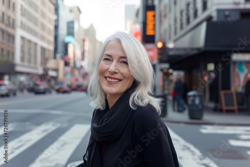 Attractive smiling white haired mature woman posing in a city street looking at the camera