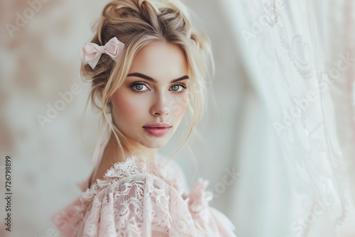Attractive young blonde woman with vintage lace blouse posing with coquette fashionable outfit and looking at camera photo