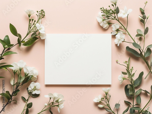 blank card with flowers, top view, pink background. Generative Ai.
