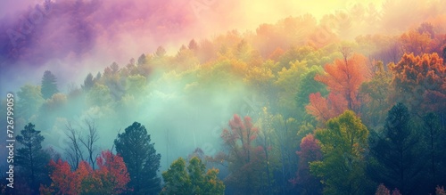 A serene, colorful scene above the forest on a calm day. © AkuAku