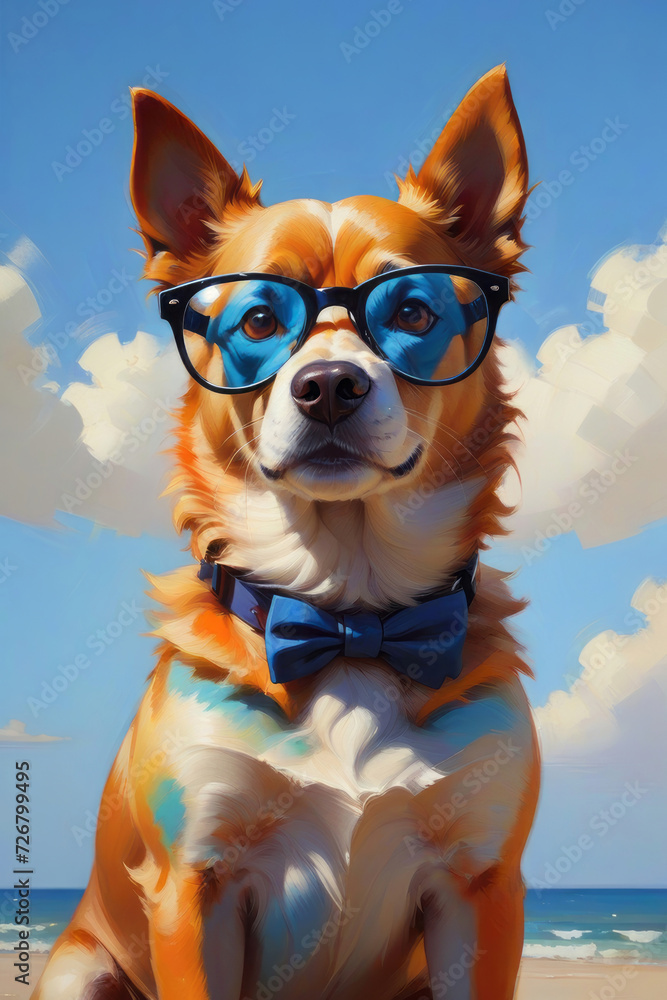 Cute red dog in blue sunglasses oil painting illustration. Can be used for prints, posters, patterns, stickers, decorations. Black and blue colors
