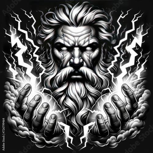 angry greek god tattoo decal with lightning, hammer, smoke