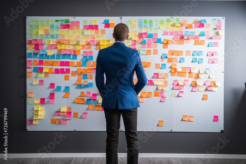 Business man professional project manager standing at Kanban board project management with post it notes photo