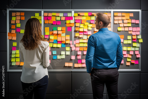 Business professionals project managers standing at Kanban board project management with post it notes photo