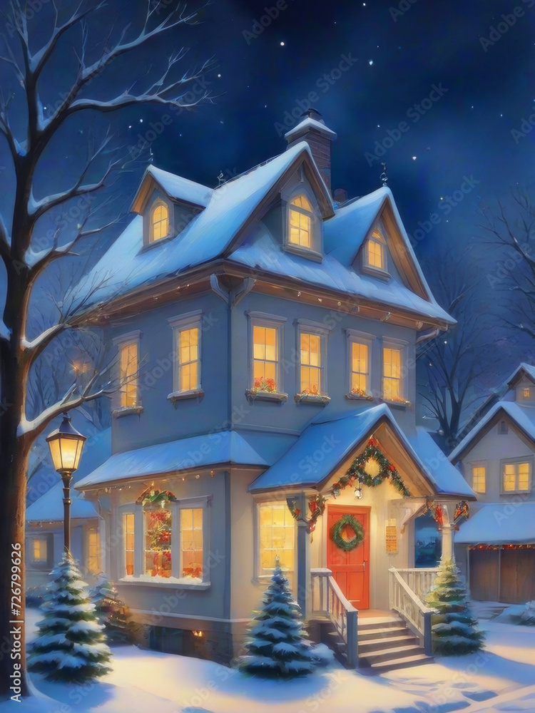 Fototapeta premium cozy, snow-covered house glows with warm light on magical Christmas Eve oil painting for poster, banner. illustration of holiday cheer, tradition, and peaceful spirit of Christmas at home. 