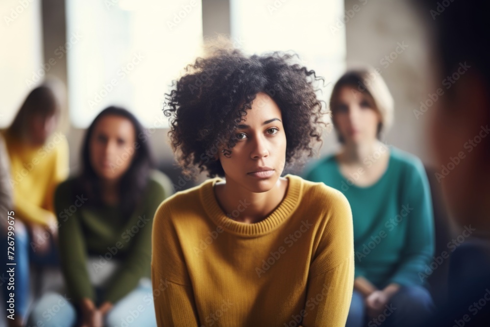 Sad depressed woman at support group meeting