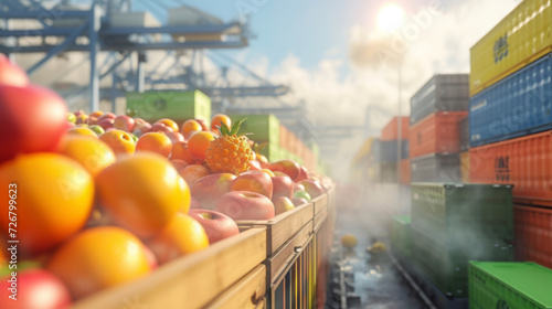 Steam rising from a port as workers unload reefer containers filled with tropical fruits their bright colors and sweet scents filling the air. photo
