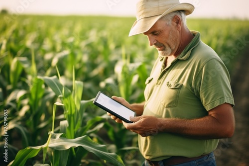 Farmer in a corn field using a digital tablet