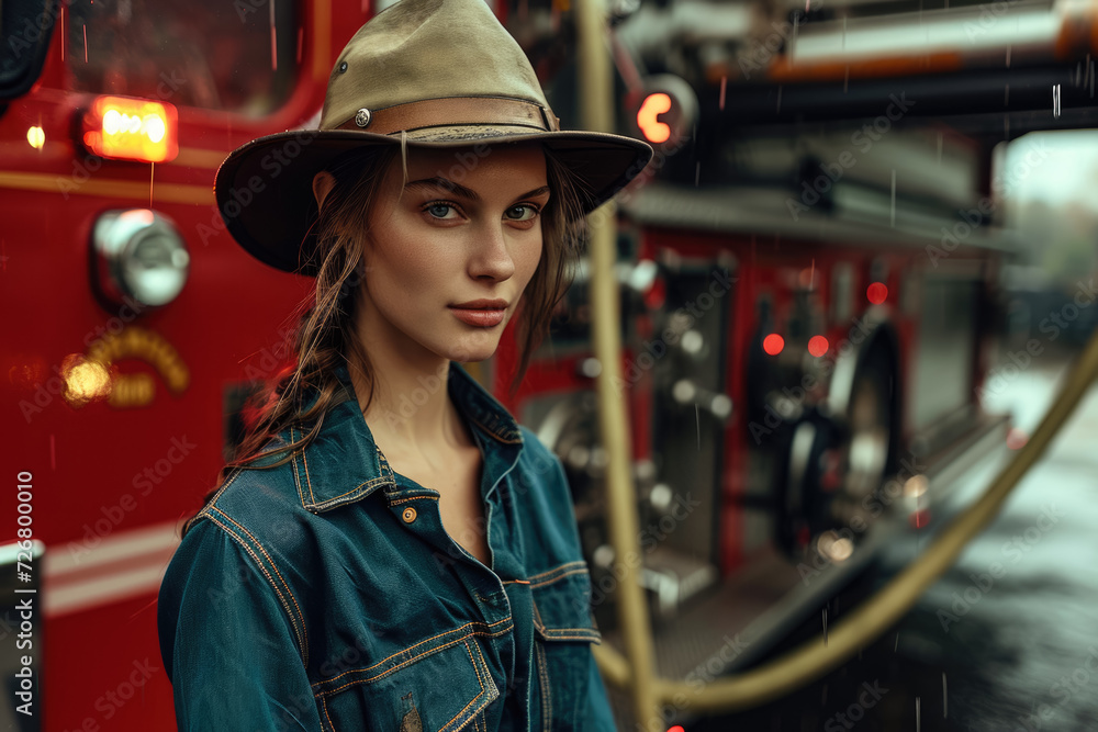 model wearing a hat and a uniform in a fire station with a hose.