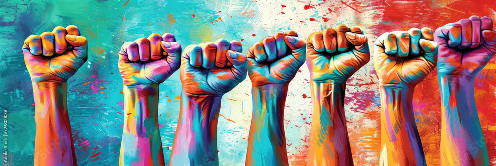 people raising fists in rainbow colors, Fist protest hand activist people social fight crowd civil