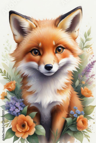 Watercolor floral fox with flower bouquet illustration. Can be used for prints, posters, patterns, stickers, decorations. Green and pink colors 
