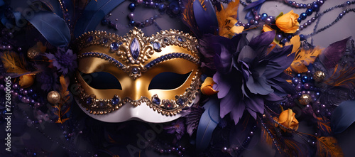 Mardi Gras venetian carnival mask and beads on purple background , With jewelry and necklace , ZOOM in mask