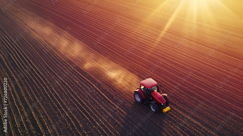 Taking care of the Crop. Aerial view of a Tractor fertilizing a cultivated agricultural field. : Generative AI