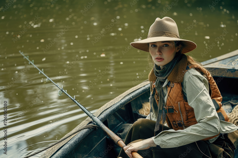 model wearing a hat and a vest in a fishing boat with a rod