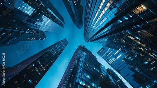 Panoramic and perspective wide angle view to steel blue background of glass high rise building skyscrapers in modern futuristic downtown at night : Generative AI