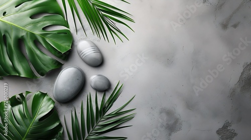 Grey spa background, spa concept, palm leaves and grey stones, top view. : Generative AI