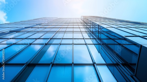 Modern office building exterior with glass facade on clear sky background. Transparent glass wall of office building. Element of facade of modern European building Commercial office bu : Generative AI