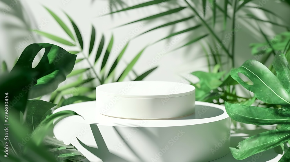 White round template podium mockup for natural organic cosmetic product presentation ad concept on green eco forest fresh leaves nature flat lay background, trendy stylish minimalist f : Generative AI