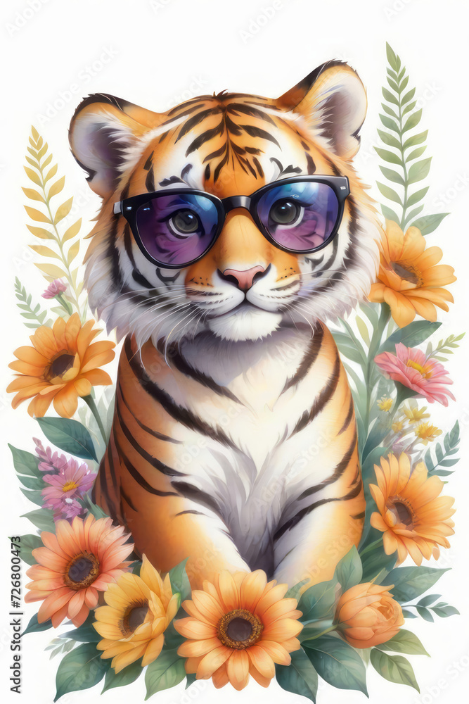 Watercolor floral tiger with flower bouquet illustration. Can be used for prints, posters, patterns, stickers, decorations. Green and pink colors 