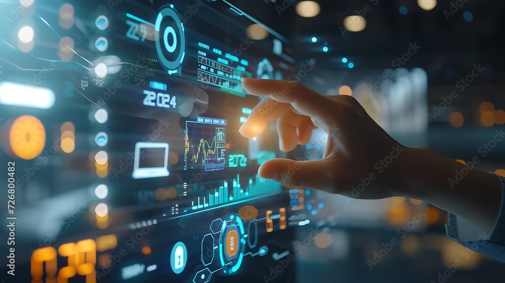 Businessman analyzes profitability of working companies with digital augmented reality graphics, positive indicators in 2024, businessman calculates financial data for long-term invest : Generative AI