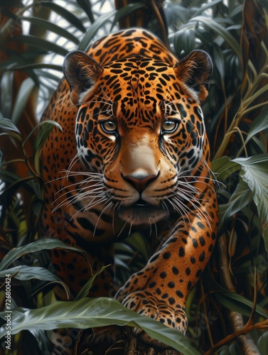 jungle shot  acrylic painting  jaguar facing camera  full body pose  focus on jaguar - generative ai