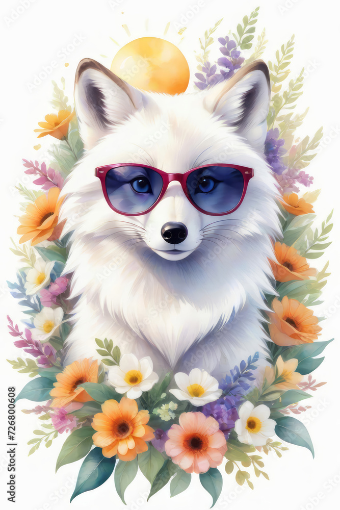 Watercolor floral polar fox with flower bouquet illustration. Can be ...