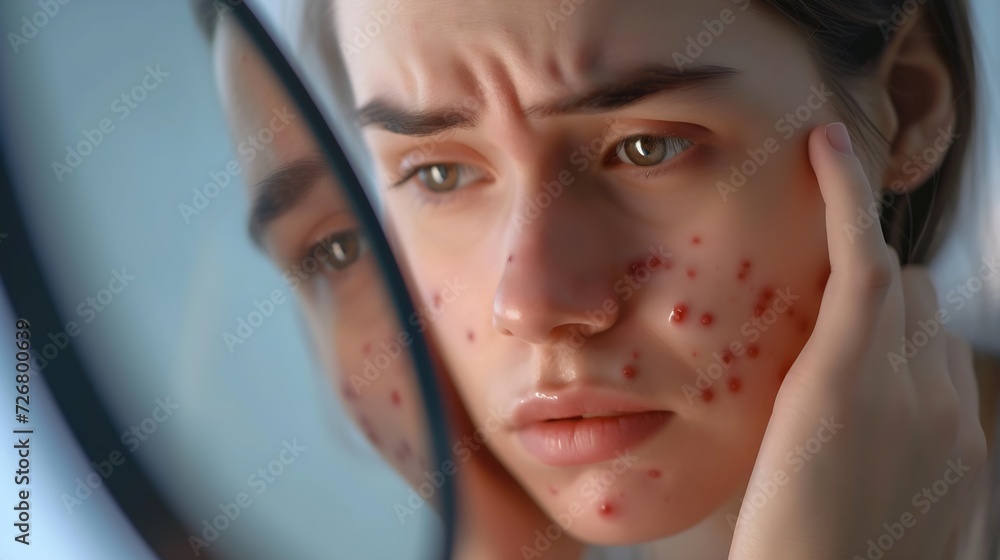 Close up unhappy sad woman looking at red acne spots on chin in mirror, upset young female dissatisfied by unhealthy skin, touching, checking dry irritated face skin, skincare and trea : Generative AI Close up unhappy sad woman looking at red acne spots on chin in mirror, upset young female dissatisfied by unhealthy skin, touching, checking dry irritated face skin, skincare and trea : Generative AI