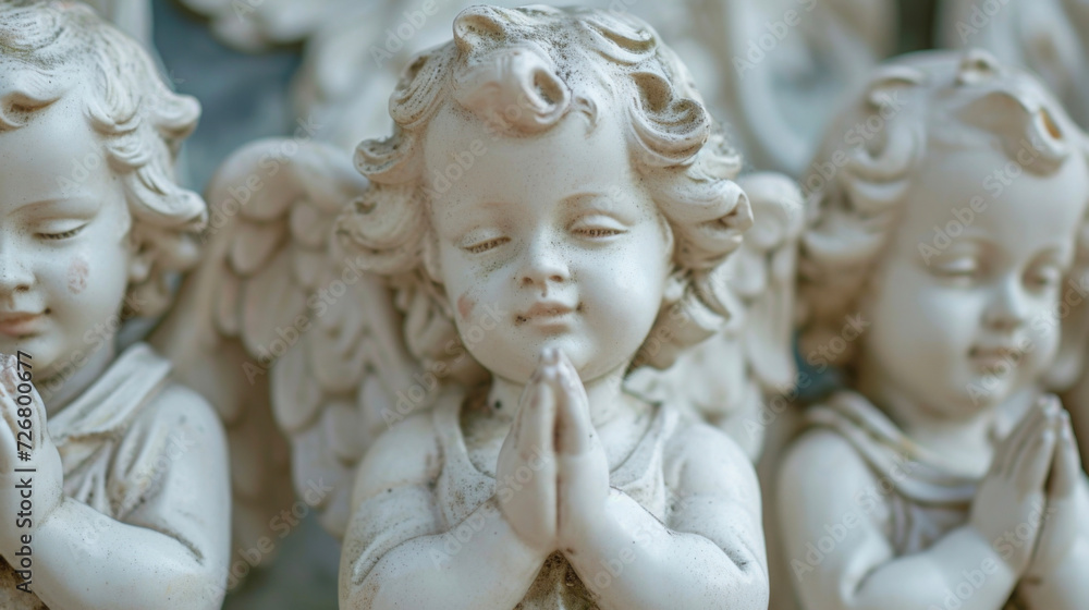 A group of cherubs with soft ethereal features their tiny hands clasped together in prayer. A group of cherubs with soft ethereal features their tiny hands clasped together in prayer.