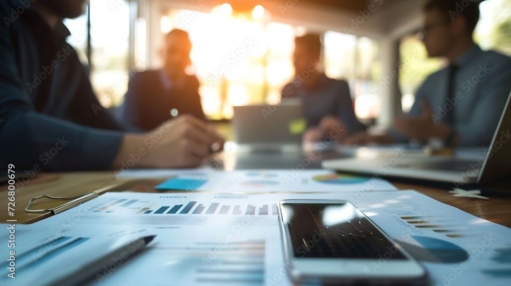 business documents on office table with smart phone and laptop computer and graph financial with social network diagram and three colleagues discussing data in the background : Generative AI