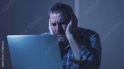Mature man touching his front for headache or stress for overwork and online problems using computer. Male modern people working on laptop with worried and painful expression. Unhealth : Generative AI photo