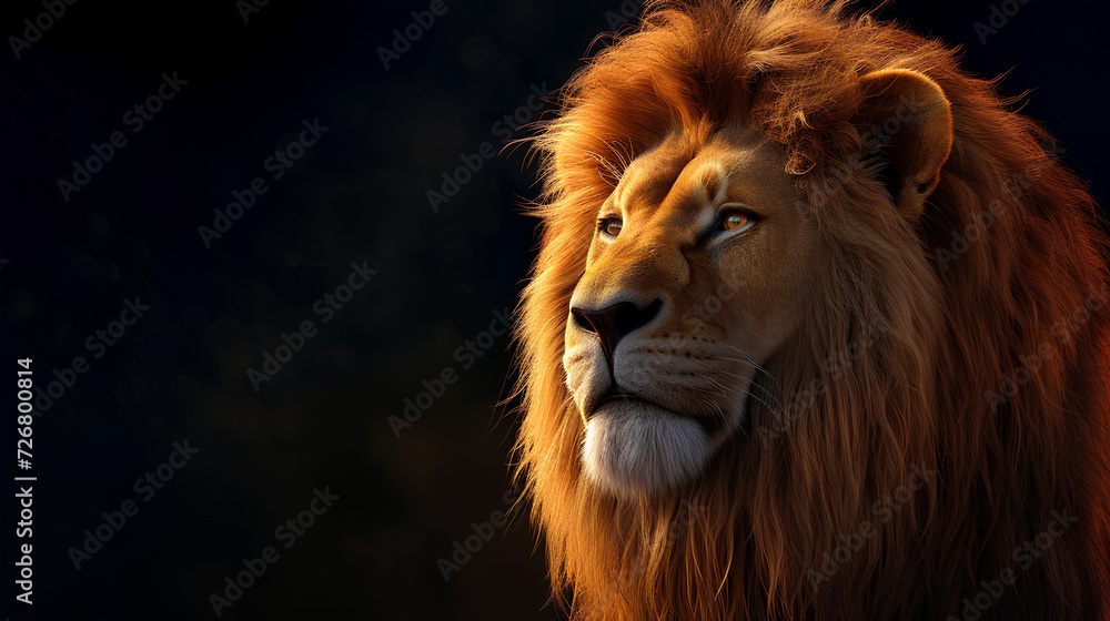 Fototapeta premium Portrait of a male lion with a big mane in the background
