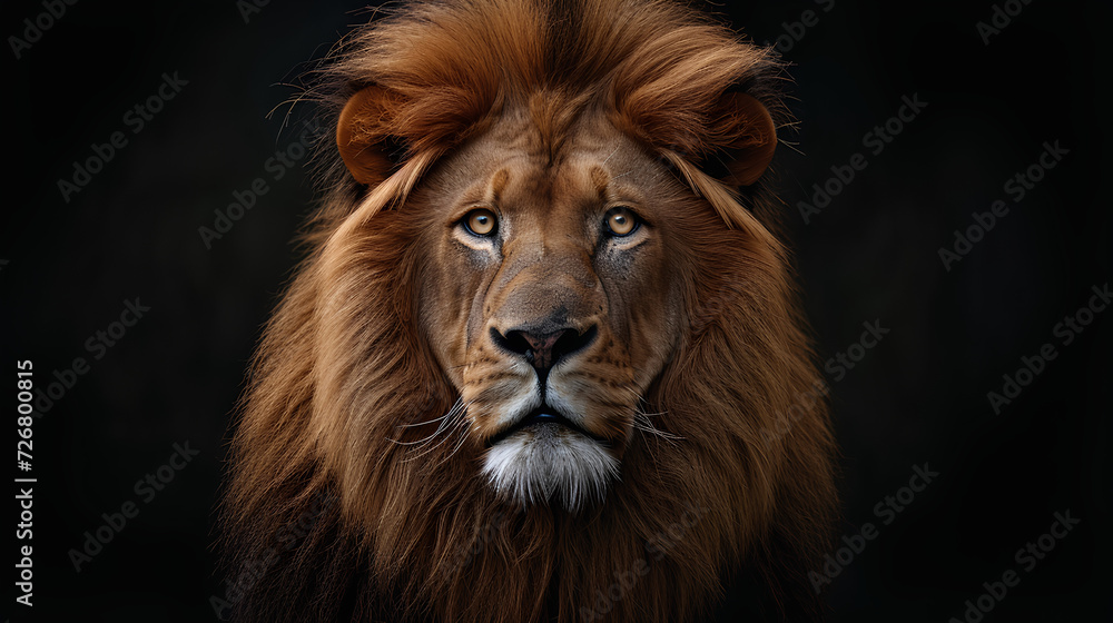 Portrait of a male lion with a big mane in the background