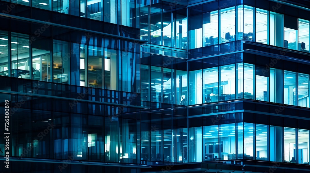 Pattern of office buildings windows illuminated at night. Glass architecture ,corporate building at night - business concept. Blue graphic filter. : Generative AI Pattern of office buildings windows illuminated at night. Glass architecture ,corporate building at night - business concept. Blue graphic filter. : Generative AI
