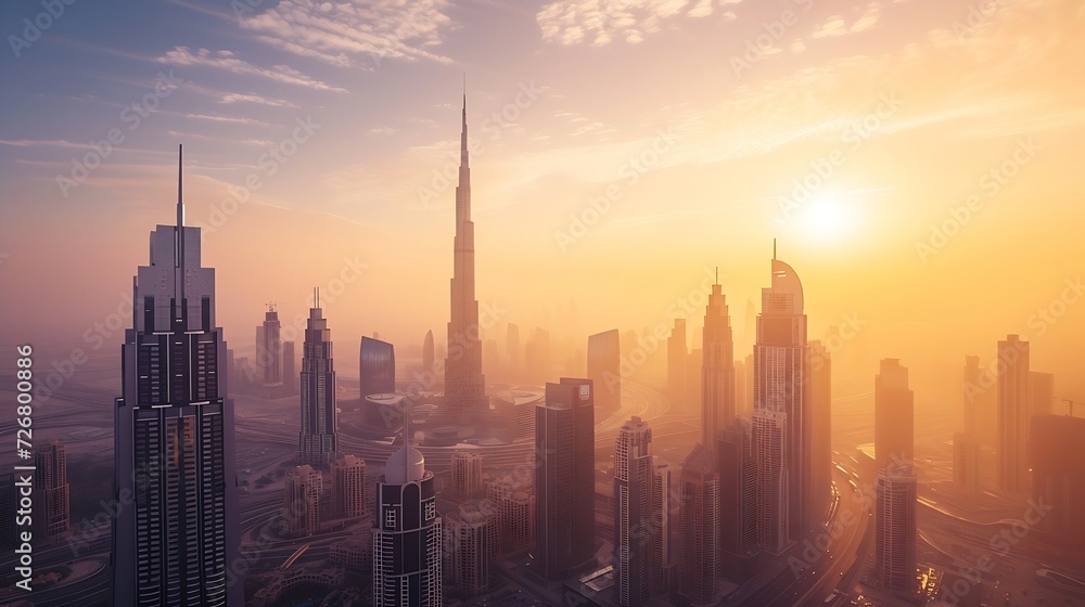 Dubai - City center skyline drone amazing rooftop view, United Arab Emirates : Generative AI