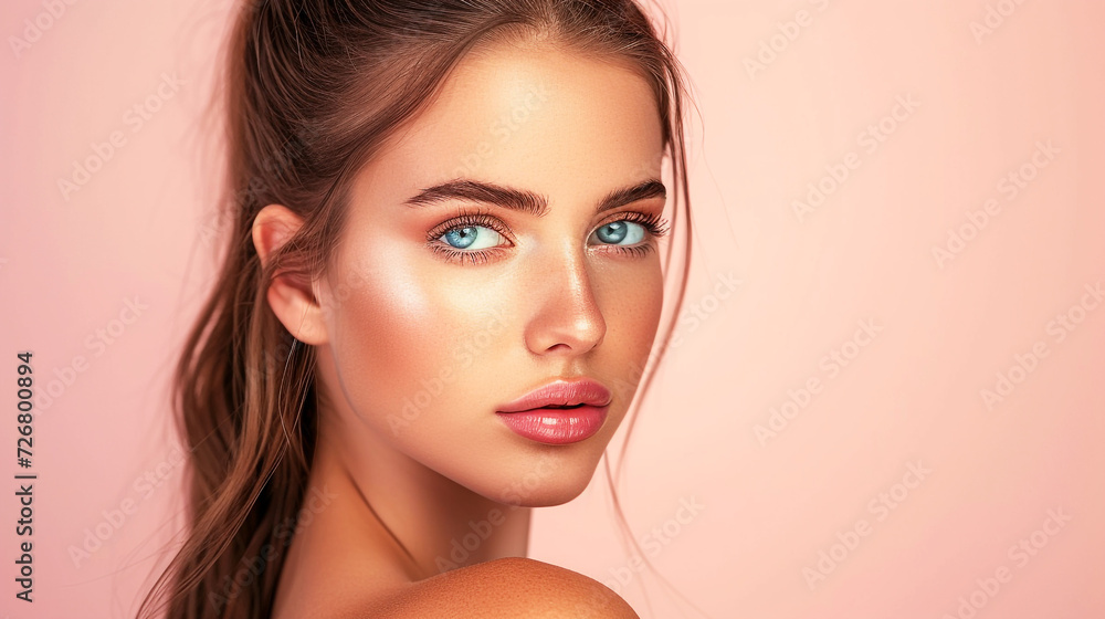 Fototapeta premium portrait of a woman, pink background.