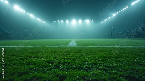 universal grass stadium illuminated by spotlights and empty green playground : Generative AI © Generative AI