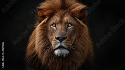 Portrait of a male lion with a big mane in the background