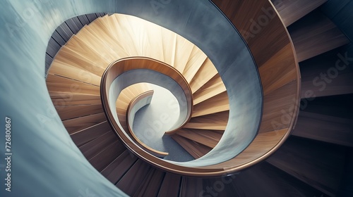 abstract spiraling handrail of a wooden staircase in a modern design building   Generative AI