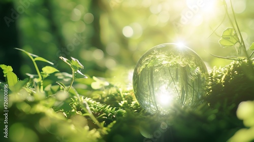 Environment Concept - Globe Glass In Green Forest With Sunlight : Generative AI