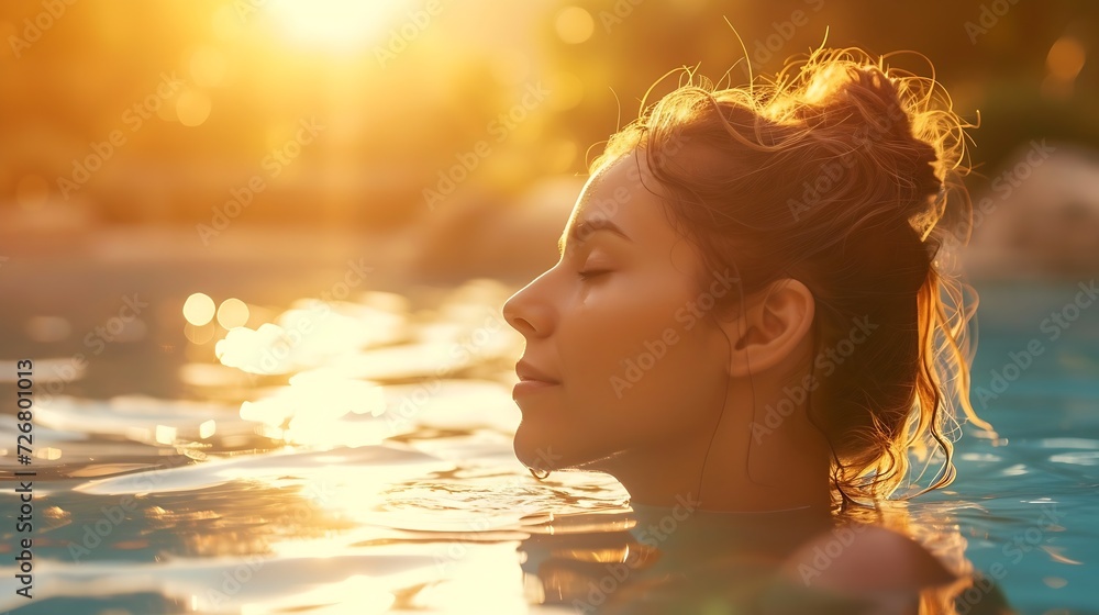 Fototapeta premium Beauty and body care. Sensual young woman relaxing in outdoor spa swimming pool. : Generative AI