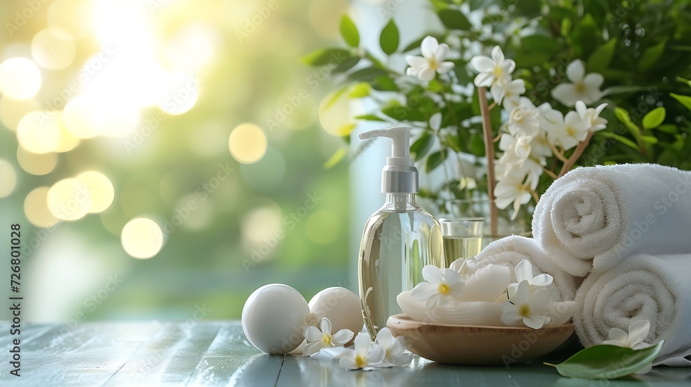 Obraz premium Spa accessory composition set in day spa hotel , beauty wellness center . Spa product are placed in luxury spa resort room , ready for massage therapy from professional service . : Generative AI