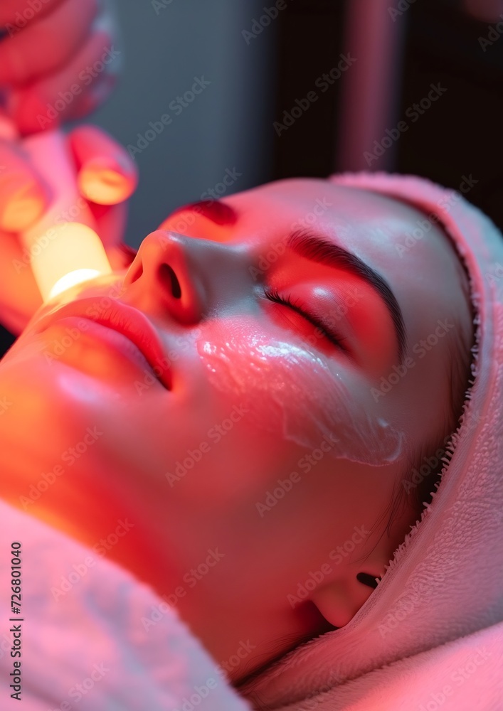 Fototapeta premium Close-up of cosmetologist making rejuvenating face procedures for woman client in spa or salon. Cosmetology concept. Aesthetic cosmetology, face care. Girl : Generative AI