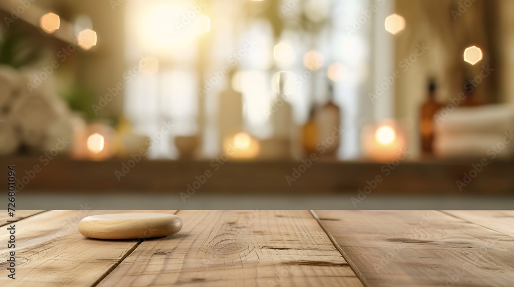 Empty wooden table on blurred abstract background of spa products : Generative AI