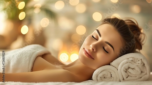 Beautiful young woman enjoying massage in spa salon. Relaxed brunette girl lying on massage bed with closed eyes during spa treatment procedure. Beauty treatment, skin care, wellbeing : Generative AI
