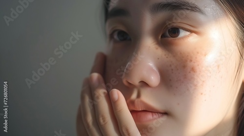 Dermatology, expression face worry, stressed asian young woman hand touching facial at dark spot of melasma, freckles from pigment melanin, allergy sun. Beauty care, skin problem treat : Generative AI