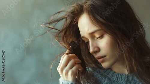 Sad girl with damaged hair. Haircare problem. Woman with hair loss problem. Portrait of young woman with a damaged bad hair. Girl with a hairbrush loosing hairs. Hair loss problem. Alo : Generative AI