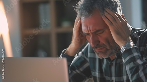Mature man touching his front for headache or stress for overwork and online problems using computer. Male modern people working on laptop with worried and painful expression. Unhealth : Generative AI photo